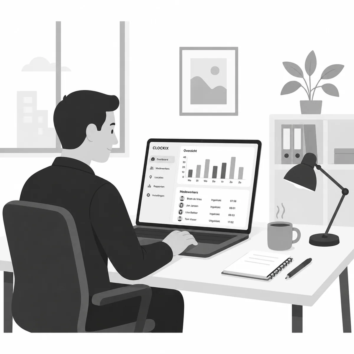 Manager bekijkt het Clockix-dashboard op kantoor